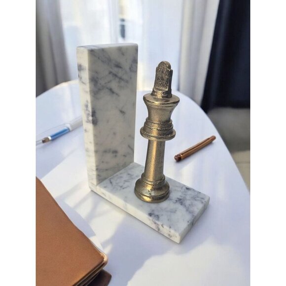 White Office Marble Base Metal Gold Chess King / Queen MCM Room Decor - Picture 1 of 4
